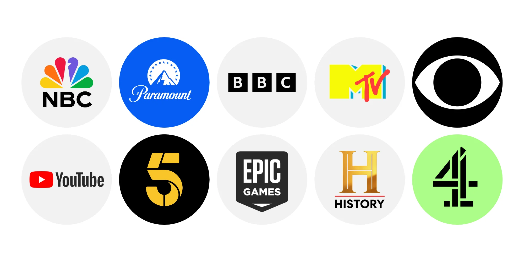NBC, CBS, MTV, History, Paramount, BBC, Netflix, Amazon, Channel 4, Channel 5
